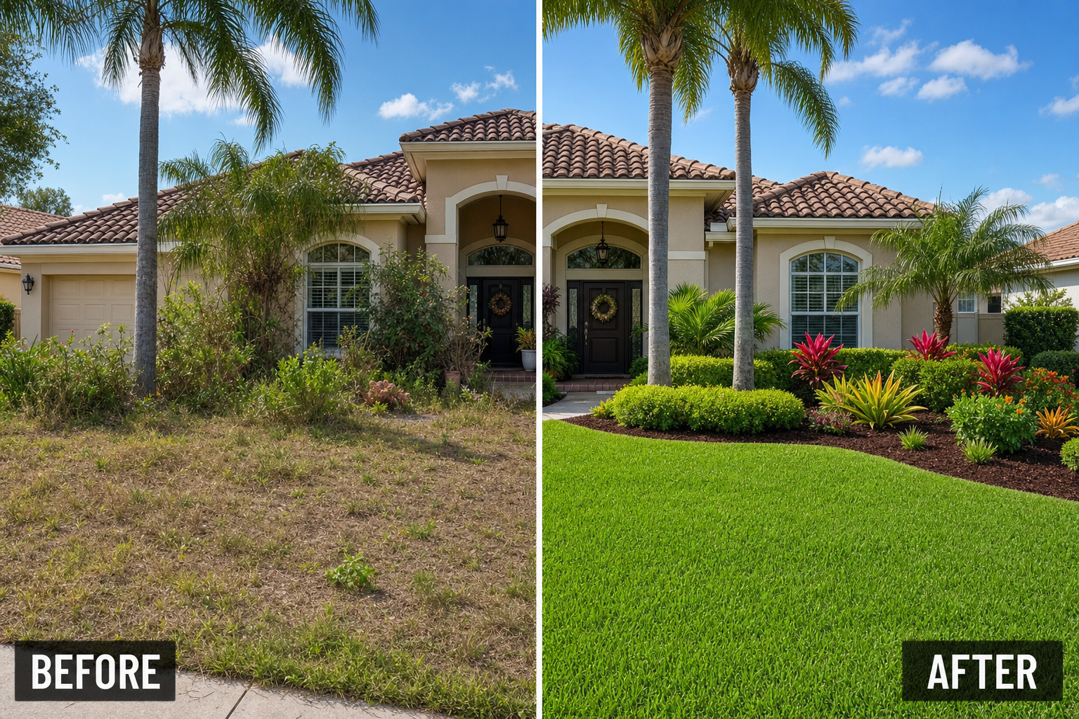Before and after of a Sarasota front lawn: patchy and weedy on the left, lush green and landscaped on the right