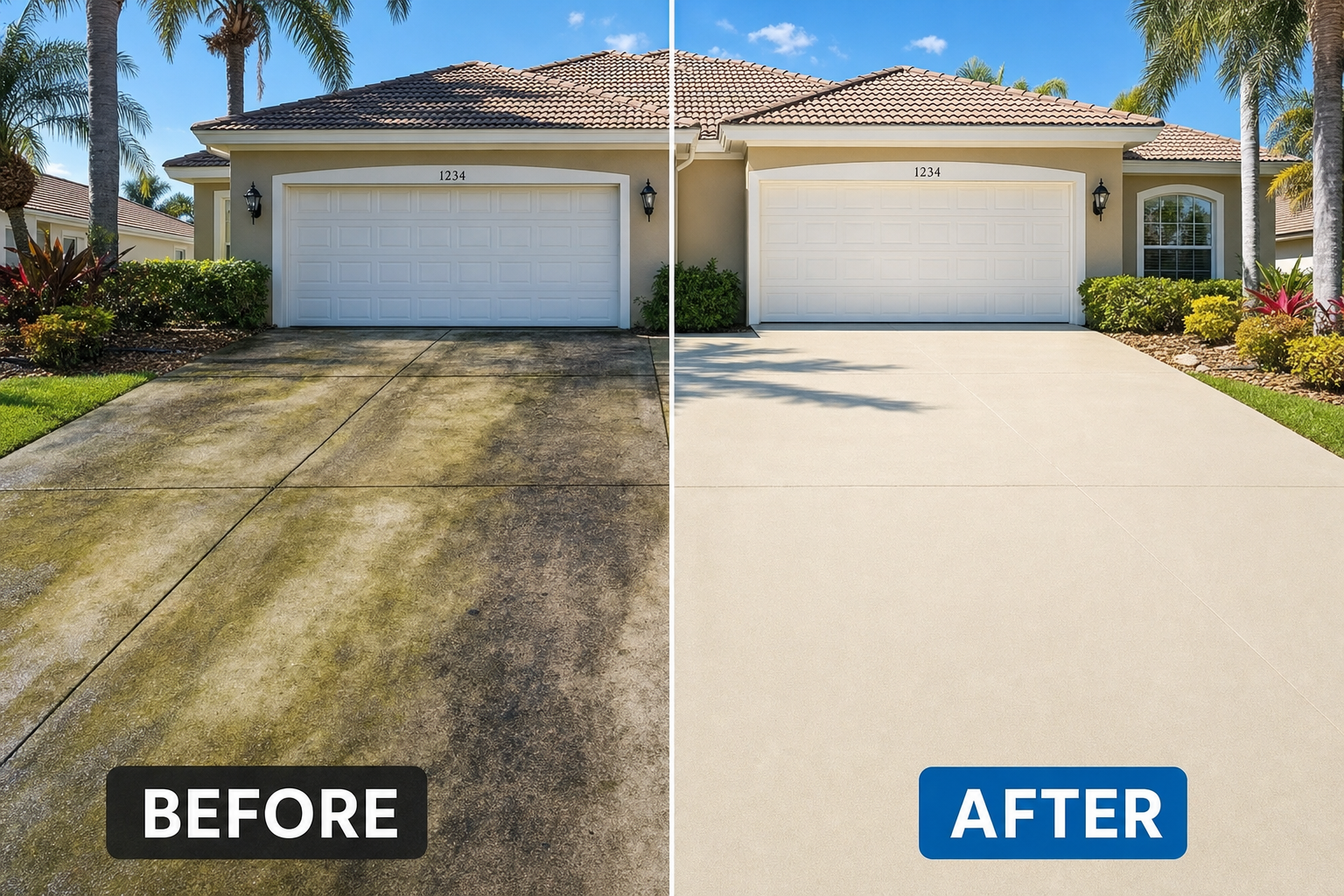 Before and after of a concrete driveway: stained and algae-covered on the left, bright and clean on the right