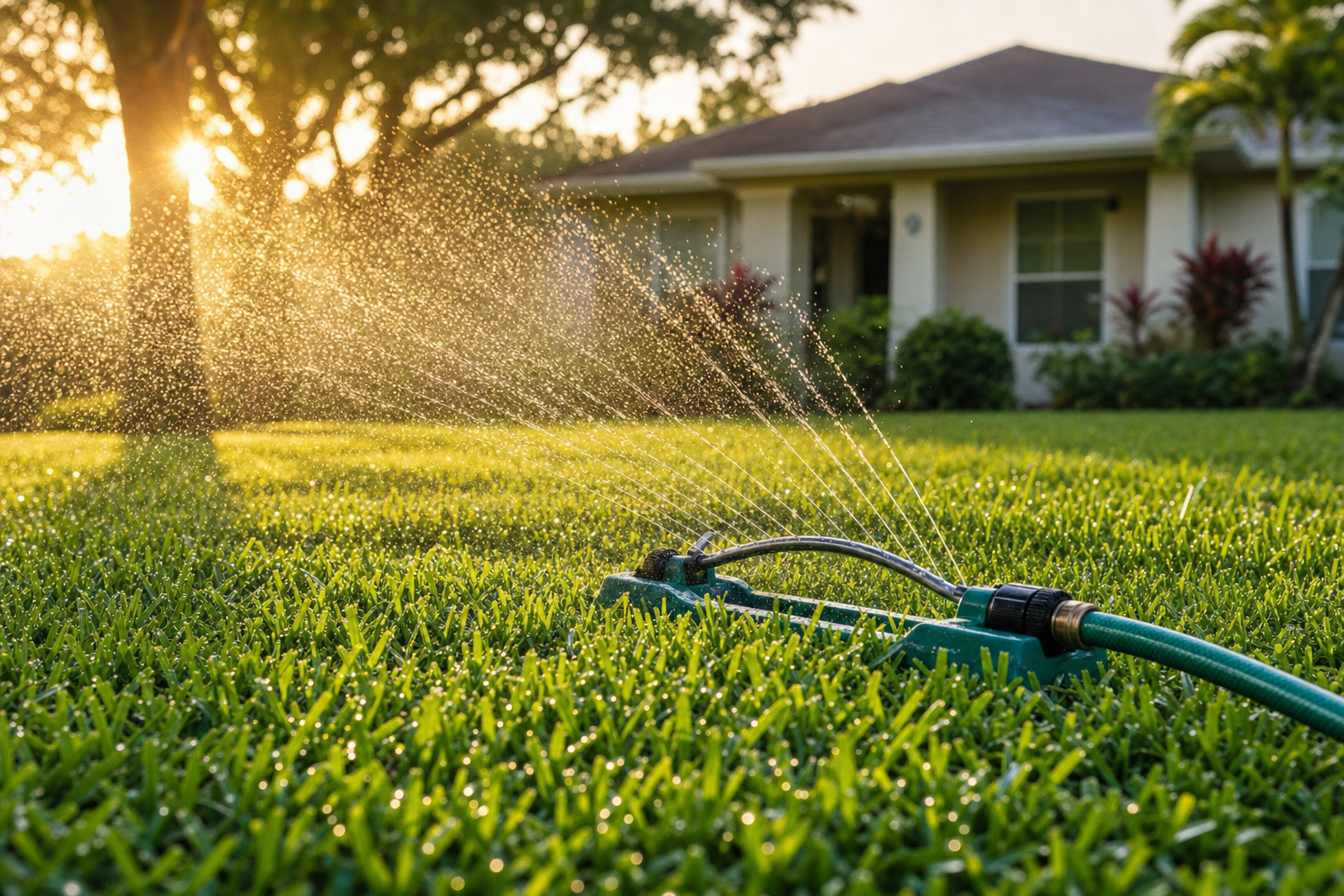 Irrigation sprinkler watering a healthy green Sarasota lawn