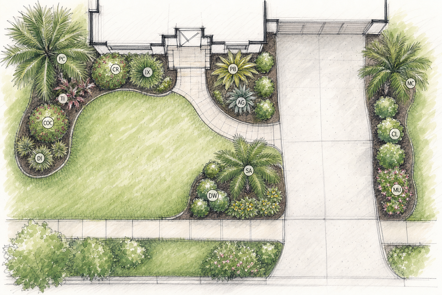 Top-down landscape concept plan sketch with labeled plantings
