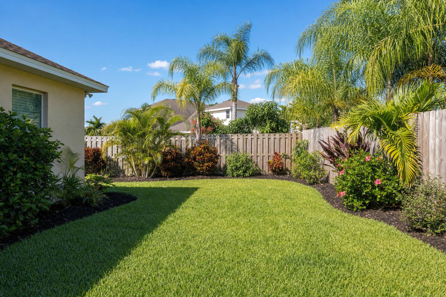 Resort-style backyard with screened pool cage and lush tropical landscaping