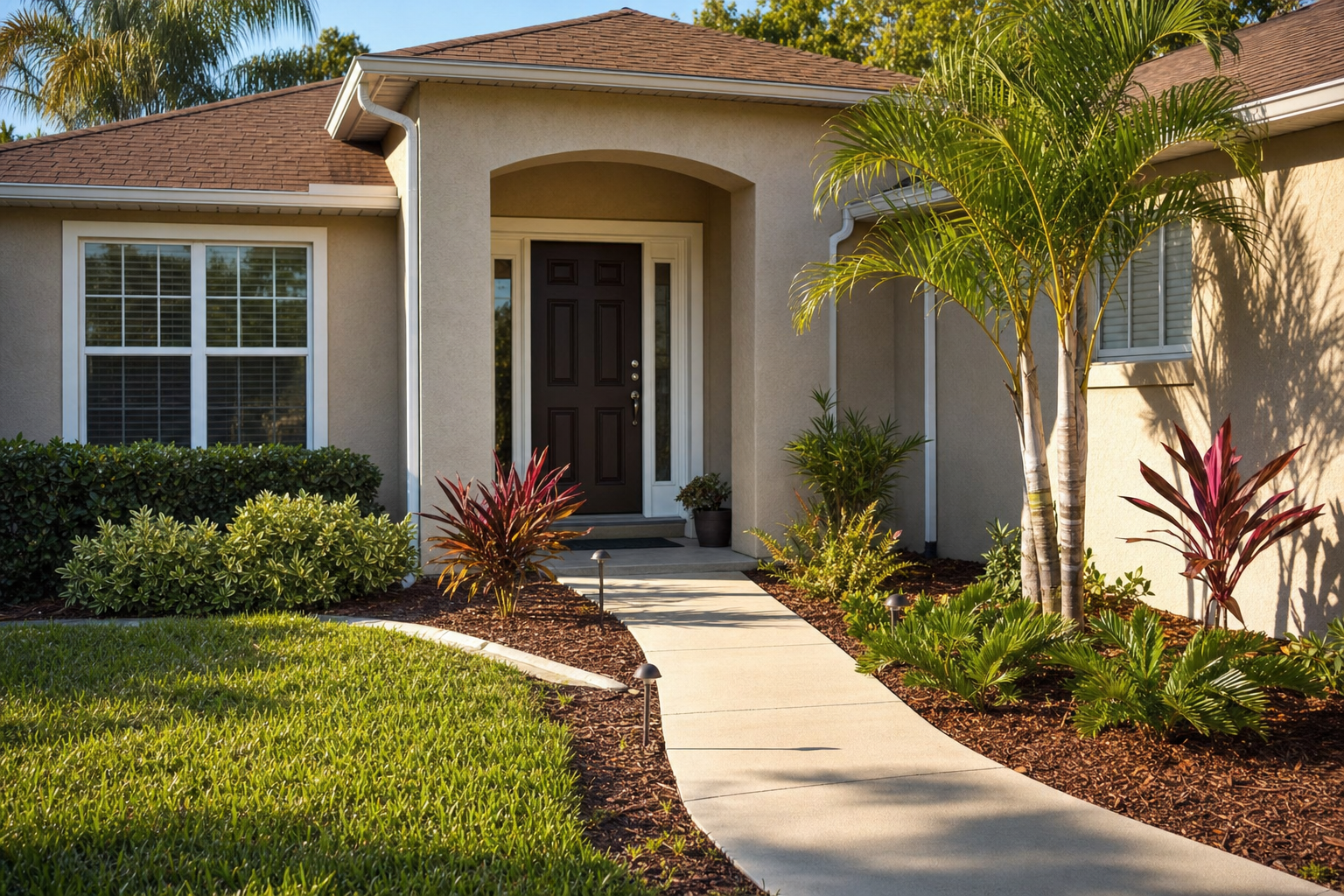 Elegant front entry walkway with symmetrical tropical plantings at an upscale Sarasota home