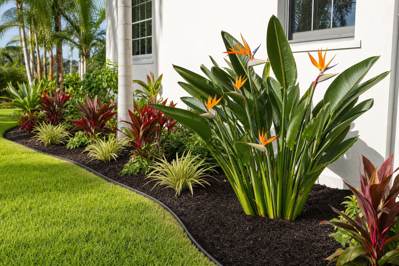 Refreshed garden bed with birds of paradise and fresh mulch against a white home