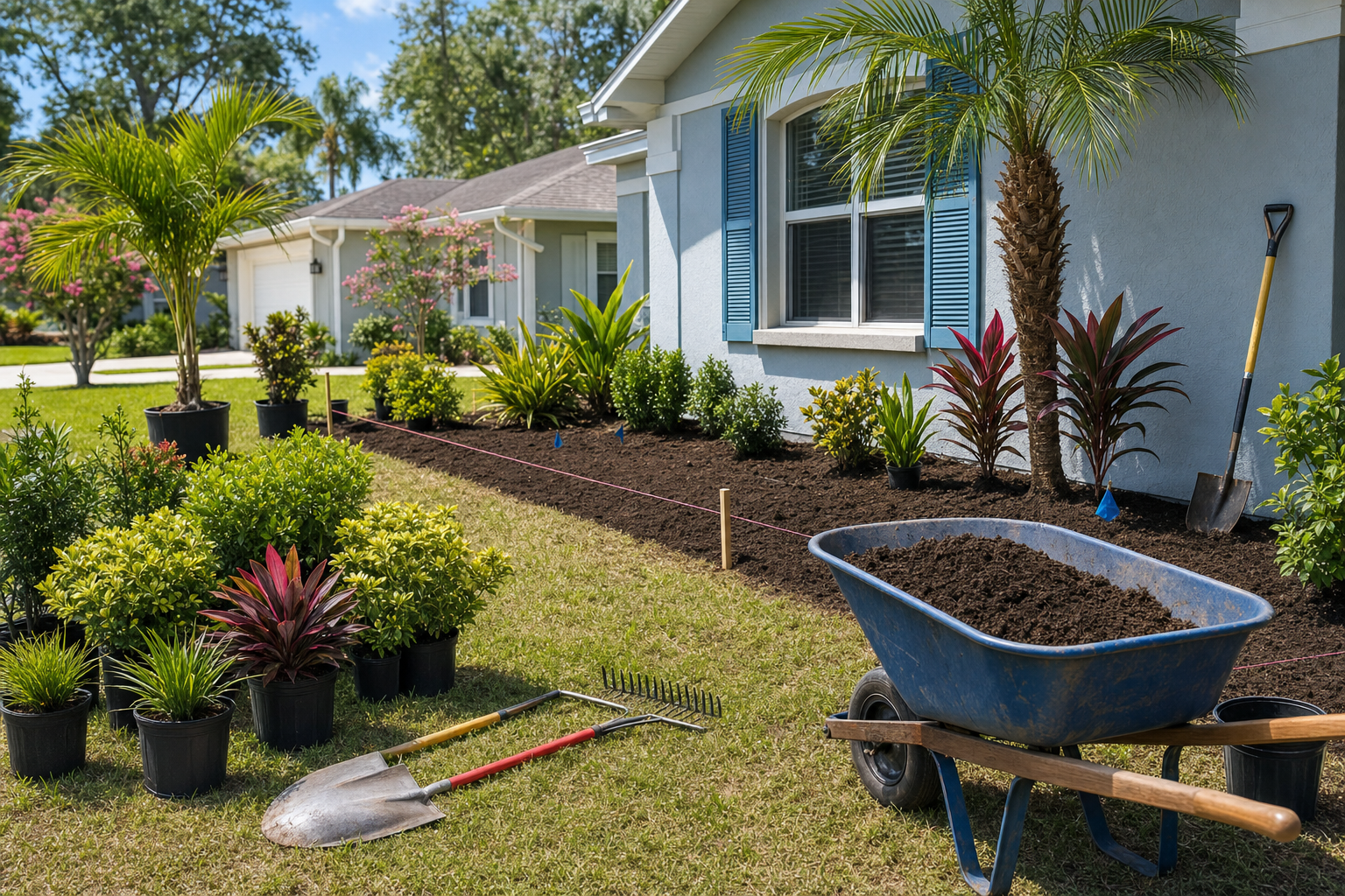 A tidy Blue Stream landscape installation in progress with staged plants and fresh mulch